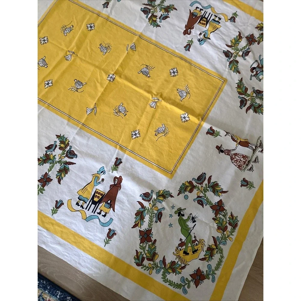 Vintage Folk Art Tablecloth Yellow Dutch Figures Floral Wreath 50x62 Rectangular